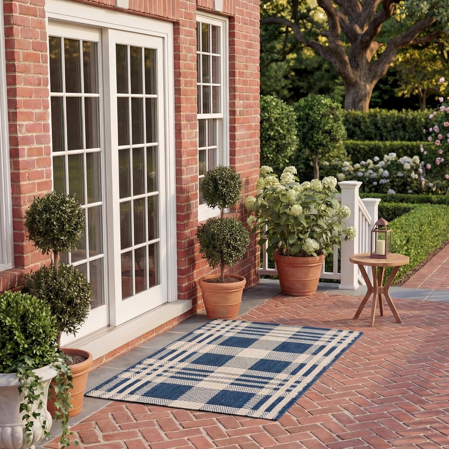 image:imageSAFAVIEH Washable Rug Outdoor Courtyard Collection 6 x 8 Red amp Bone Plaid Pattern NonShedding amp Easy Cleaning Ideal for Patio Entryway Mudroom Hallway Kitchen CY6201238NavyBeige