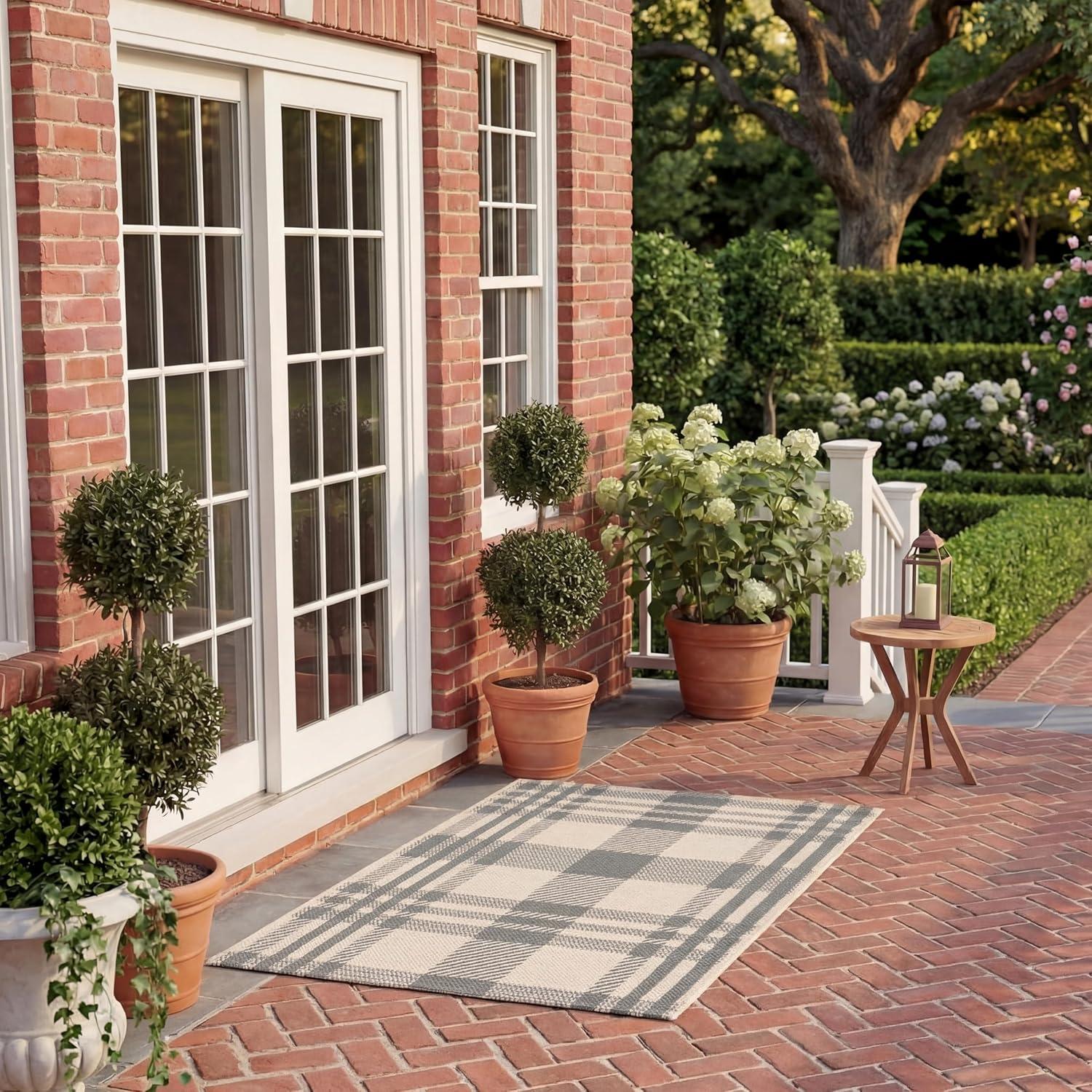 image:imageSAFAVIEH Washable Rug Outdoor Courtyard Collection 6 x 8 Red amp Bone Plaid Pattern NonShedding amp Easy Cleaning Ideal for Patio Entryway Mudroom Hallway Kitchen CY6201238GreyBone