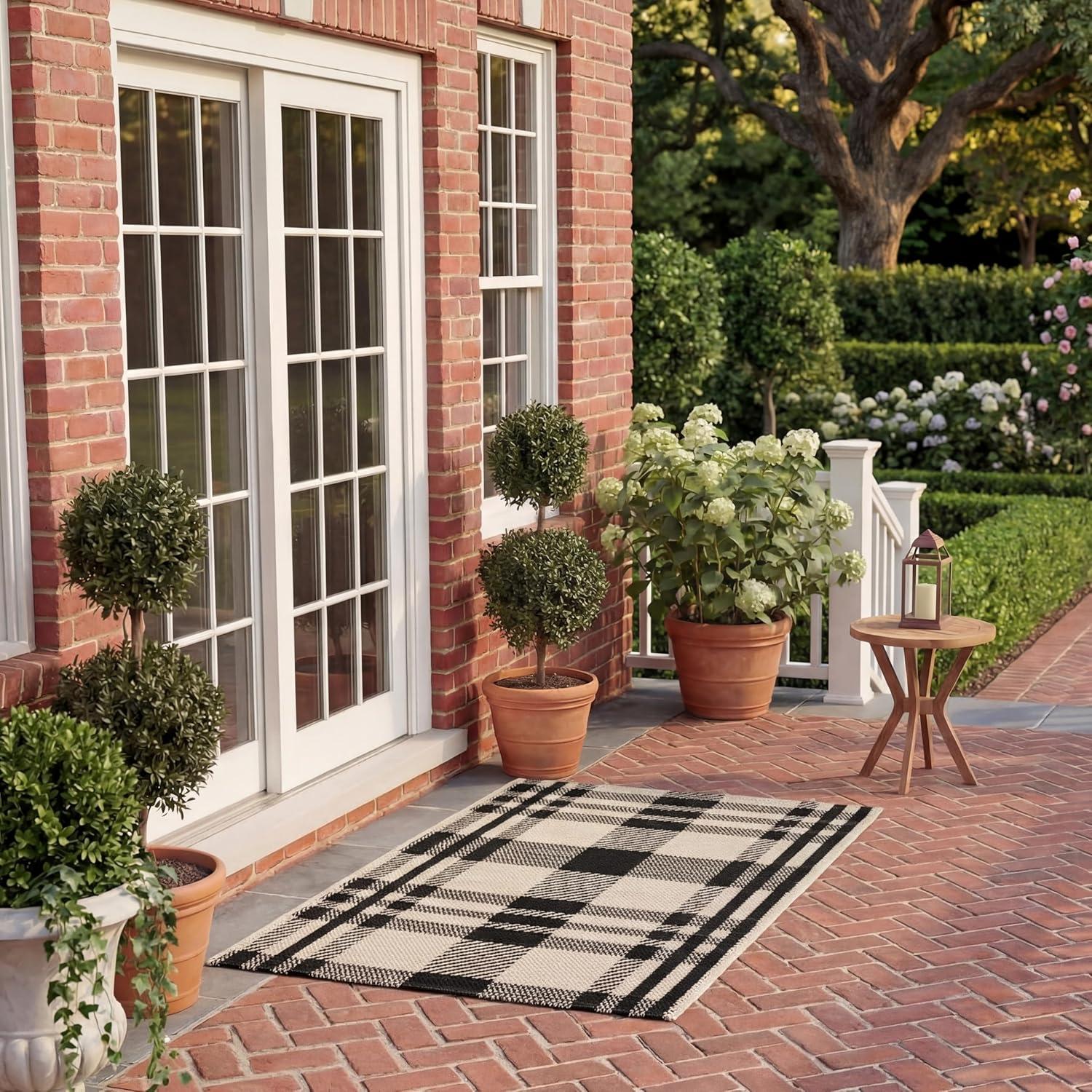 image:imageSAFAVIEH Washable Rug Outdoor Courtyard Collection 6 x 8 Red amp Bone Plaid Pattern NonShedding amp Easy Cleaning Ideal for Patio Entryway Mudroom Hallway Kitchen CY6201238BlackBone