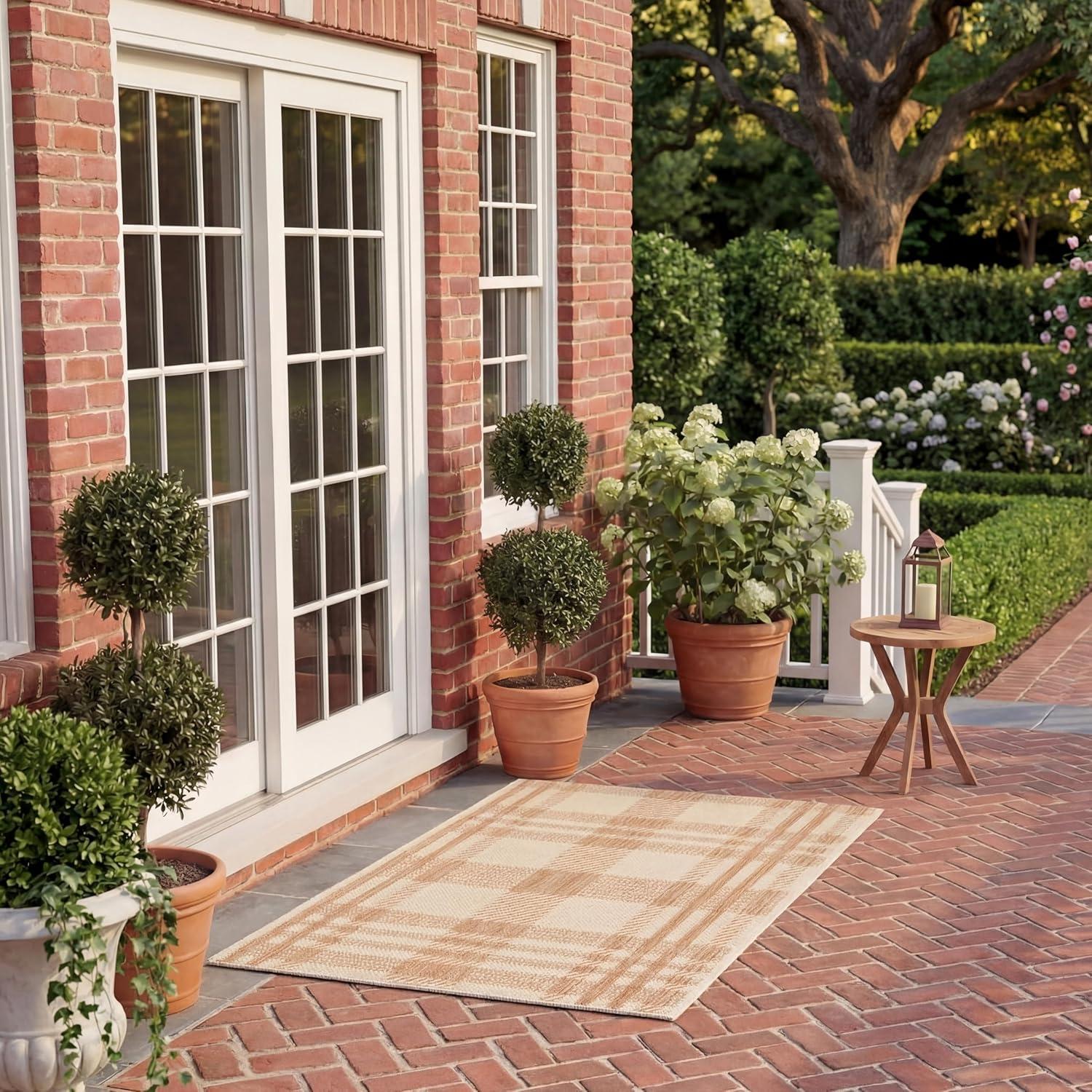 image:imageSAFAVIEH Washable Rug Outdoor Courtyard Collection 6 x 8 Red amp Bone Plaid Pattern NonShedding amp Easy Cleaning Ideal for Patio Entryway Mudroom Hallway Kitchen CY6201238NaturalBeige