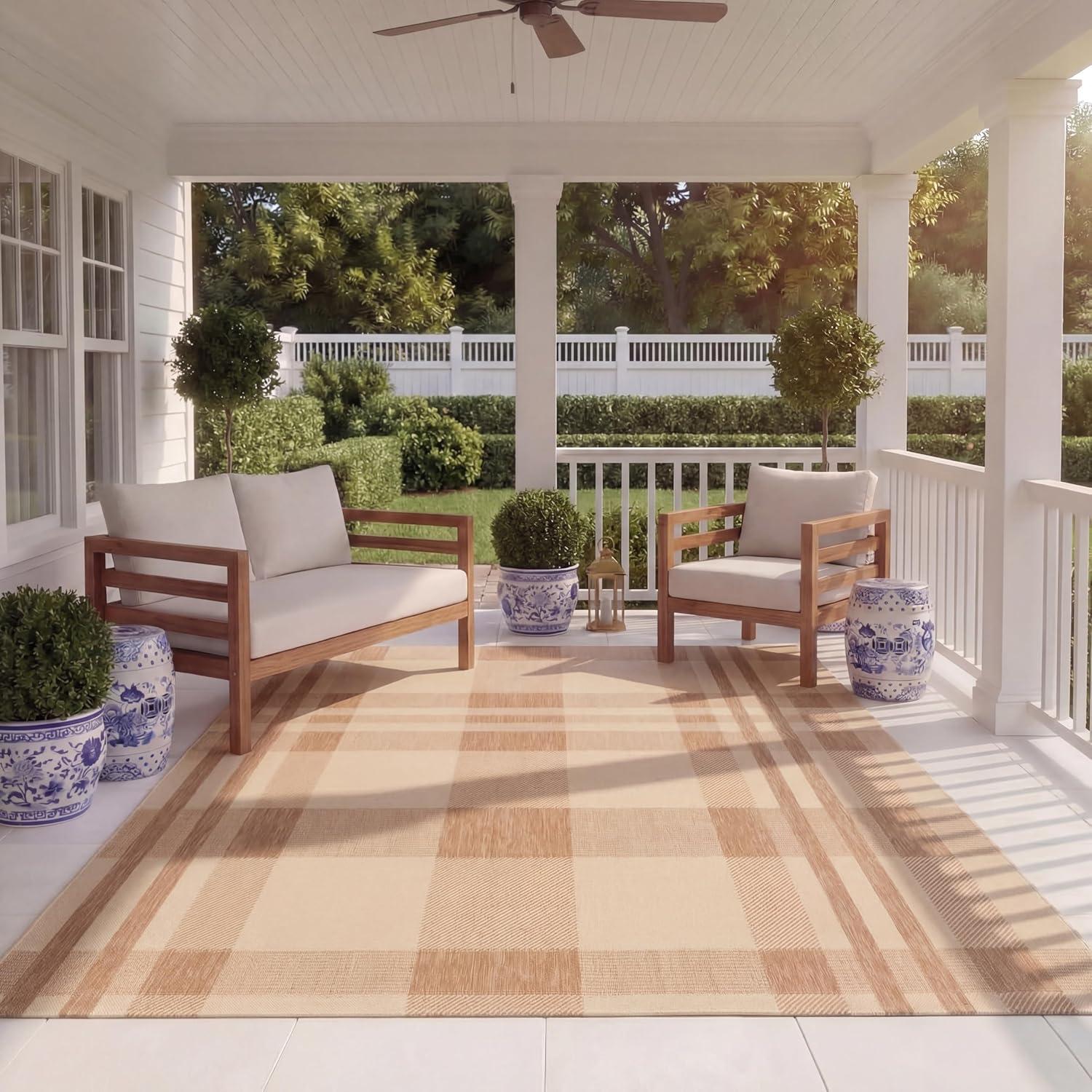 image:imageSAFAVIEH Washable Rug Outdoor Courtyard Collection 6 x 8 Red amp Bone Plaid Pattern NonShedding amp Easy Cleaning Ideal for Patio Entryway Mudroom Hallway Kitchen CY6201238NaturalBeige