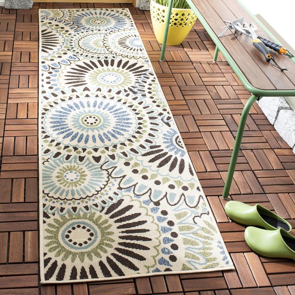 image:imageSAFAVIEH Washable Rug Outdoor Veranda Collection  9 x 12 Chocolate amp Terracotta NonShedding amp Easy to Clean Ideal for Patio Backyard Mudroom VER0910725CreamBlue
