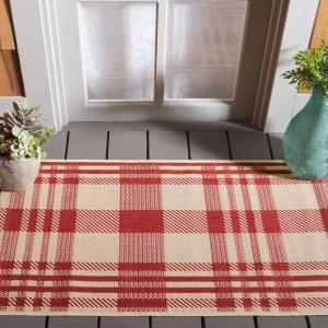 SAFAVIEH Washable Rug Outdoor Courtyard Collection – 6′ x 8′, Red & Bone, Plaid Pattern, Non-Shedding & Easy Cleaning, Ideal for Patio, Entryway, Mudroom, Hallway, Kitchen (CY6201-238)(Red/Bone)