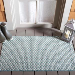 SAFAVIEH Washable Rug Outdoor Courtyard Collection – 8′ x 10′, Light Blue & Light Grey, Non-Shedding & Easy Cleaning, Ideal for Patio, Backyard, Mudroom, DIning Space (CY8653-37121)(Light Blue/Light Grey)