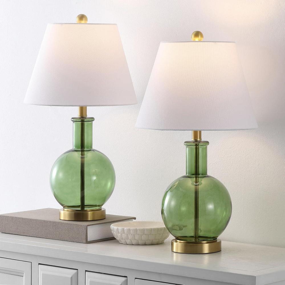 image:imageSAFAVIEH Lighting Collection Camelie Green Glass Table Lamp Set of 2 22 Decorative Accent Lights with Fabric Shades E26 Bulb Compatible TBL4622ASET2GreenBrass