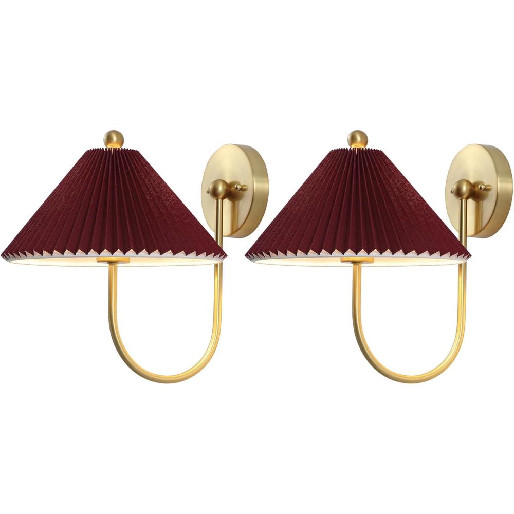 image:imageSAFAVIEH Lighting Collection Chrissy BurgundyBrass FabricMetal Wall Sconce Set of 2 LED Bulbs Included