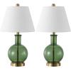SAFAVIEH Lighting Collection – Camelie Green Glass Table Lamp Set of 2, 22″ Decorative Accent Lights with Fabric Shades, E26 Bulb Compatible (TBL4622A-SET2)(Green/Brass)