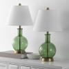 SAFAVIEH Lighting Collection – Camelie Green Glass Table Lamp Set of 2, 22″ Decorative Accent Lights with Fabric Shades, E26 Bulb Compatible (TBL4622A-SET2)(Green/Brass)