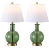SAFAVIEH Lighting Collection – Camelie Green Glass Table Lamp Set of 2, 22″ Decorative Accent Lights with Fabric Shades, E26 Bulb Compatible (TBL4622A-SET2)(Green/Brass)
