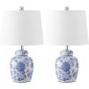 SAFAVIEH Lighting Collection – Sandra White & Blue Ceramic Table Lamp Set of 2, 20″ Decorative Accent Lights with Fabric Shades, E26 Bulb Compatible (TBL4630A-SET2)(White/Blue)