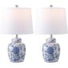 SAFAVIEH Lighting Collection – Sandra White & Blue Ceramic Table Lamp Set of 2, 20″ Decorative Accent Lights with Fabric Shades, E26 Bulb Compatible (TBL4630A-SET2)(White/Blue)