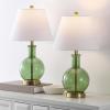 SAFAVIEH Lighting Collection – Camelie Green Glass Table Lamp Set of 2, 22″ Decorative Accent Lights with Fabric Shades, E26 Bulb Compatible (TBL4622A-SET2)(Green/Brass)