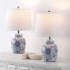 SAFAVIEH Lighting Collection – Sandra White & Blue Ceramic Table Lamp Set of 2, 20″ Decorative Accent Lights with Fabric Shades, E26 Bulb Compatible (TBL4630A-SET2)(White/Blue)