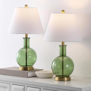 SAFAVIEH Lighting Collection – Camelie Green Glass Table Lamp Set of 2, 22″ Decorative Accent Lights with Fabric Shades, E26 Bulb Compatible (TBL4622A-SET2)(Green/Brass)