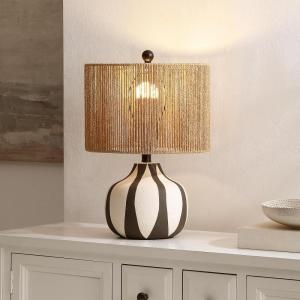 SAFAVIEH Lighting Collection – Devi Cream & Black Ceramic Table Lamp, 20″ Decorative Accent Light with Rattan Shade, E26 Bulb Compatible (TBL4655A)