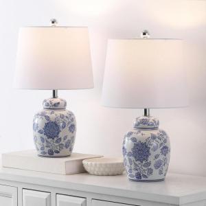 SAFAVIEH Lighting Collection – Sandra White & Blue Ceramic Table Lamp Set of 2, 20″ Decorative Accent Lights with Fabric Shades, E26 Bulb Compatible (TBL4630A-SET2)(White/Blue)