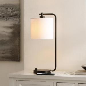 SAFAVIEH Lighting Collection Follett Black/White Drum Shade 20-inch Table Lamp with USB Charging Port, Ideal for Living Room, Bedroom, Nightstand, Home Office, Dorm (LED Bulb Included)