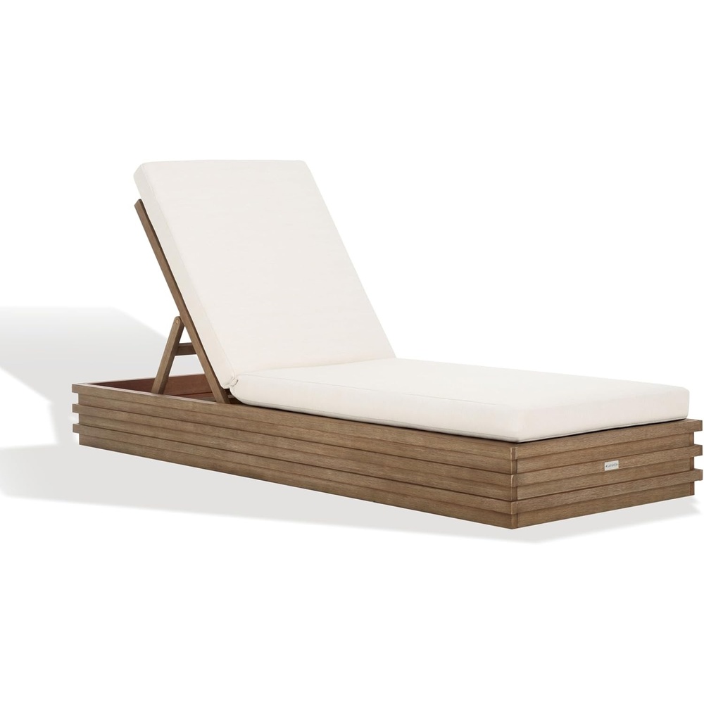 image:imageSAFAVIEH Couture Outdoor Collection Barbados NaturalBeige Cushion Solid Wood Chaise Lounge Chair