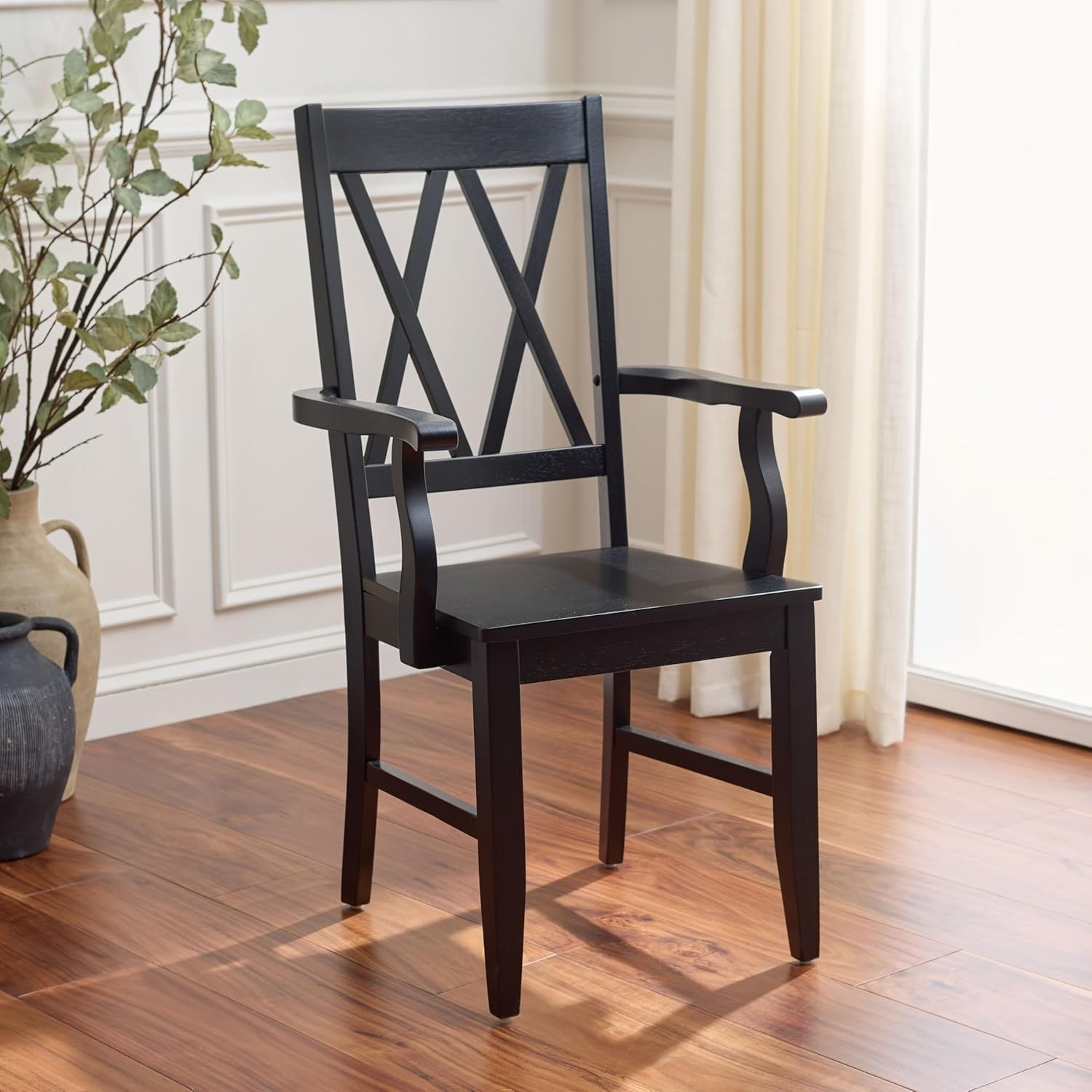 image:imageSAFAVIEH Home Collection Yana Double XBack Dining Arm Chair Solid Wood Light Oak Finish Classic Farmhouse Style DCH6901BBlack