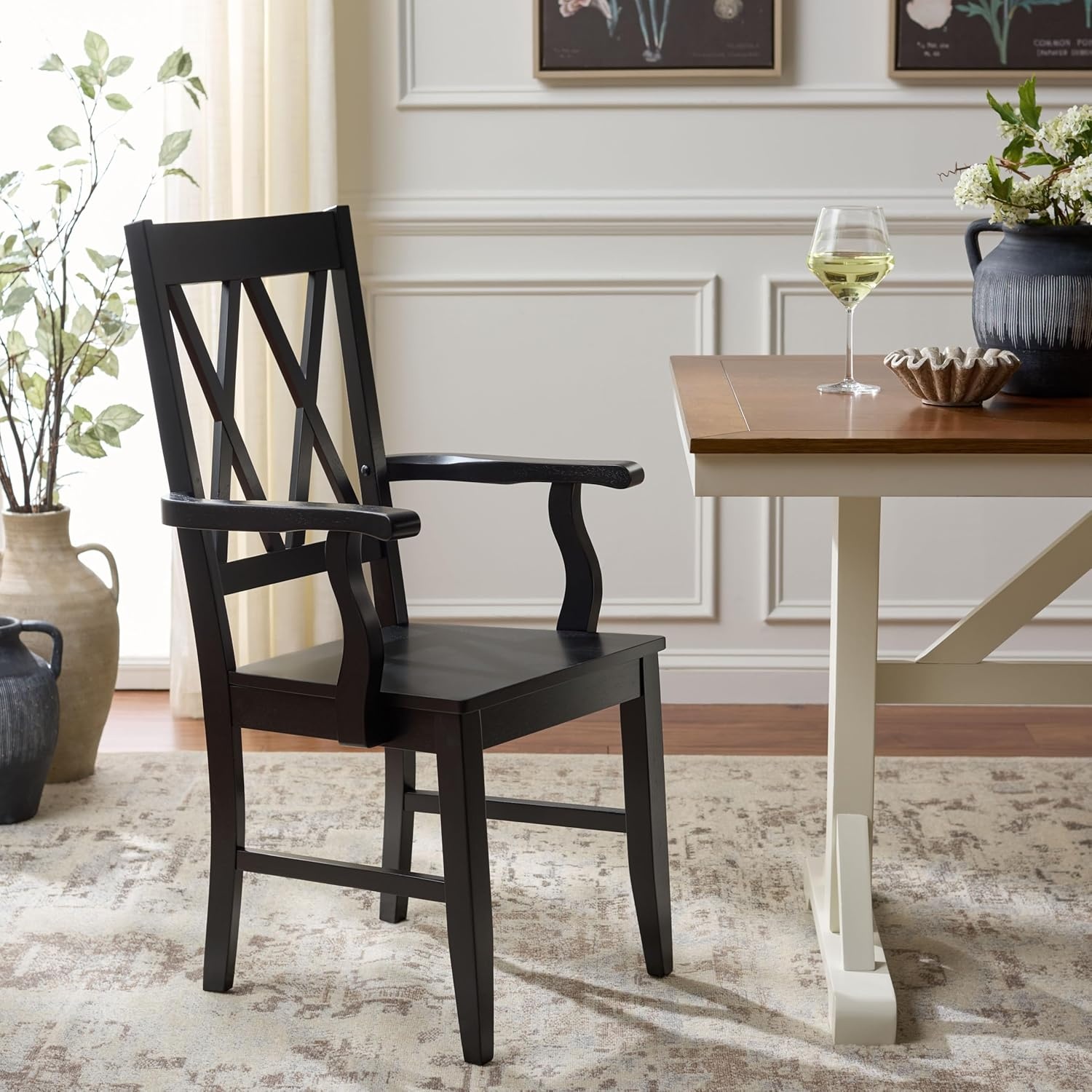 image:imageSAFAVIEH Home Collection Yana Double XBack Dining Arm Chair Solid Wood Light Oak Finish Classic Farmhouse Style DCH6901BBlack