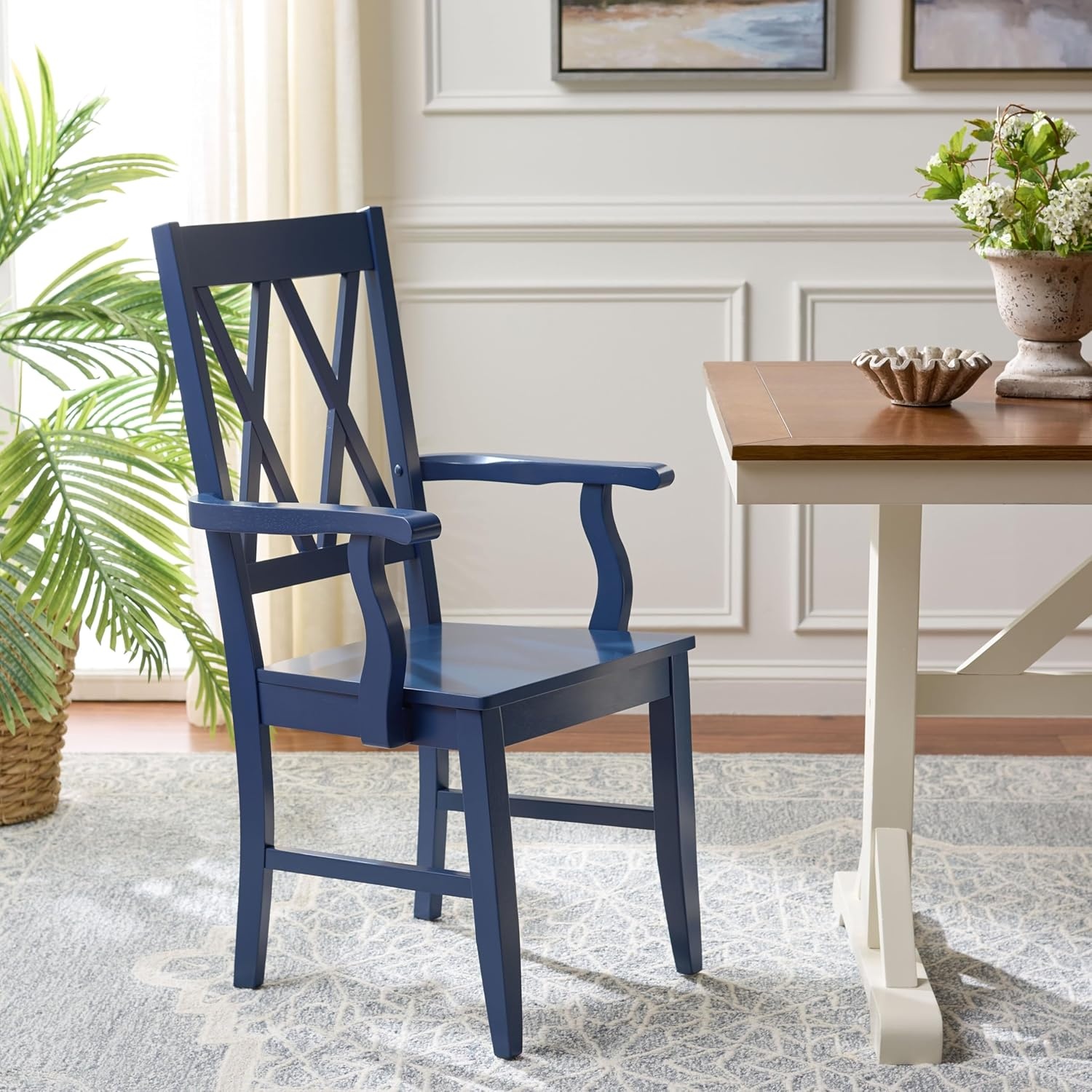 image:imageSAFAVIEH Home Collection Yana Double XBack Dining Arm Chair Solid Wood Light Oak Finish Classic Farmhouse Style DCH6901BDark Blue