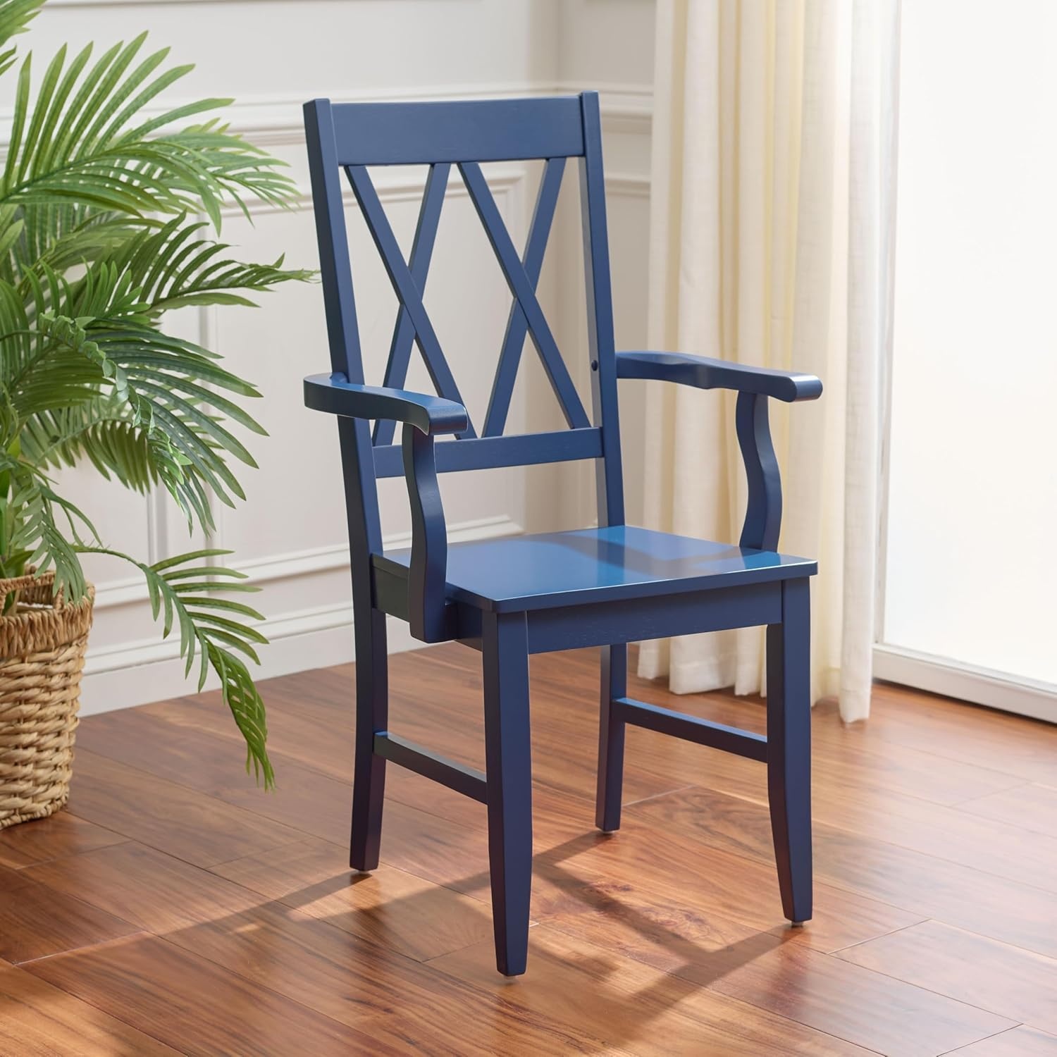 image:imageSAFAVIEH Home Collection Yana Double XBack Dining Arm Chair Solid Wood Light Oak Finish Classic Farmhouse Style DCH6901BDark Blue