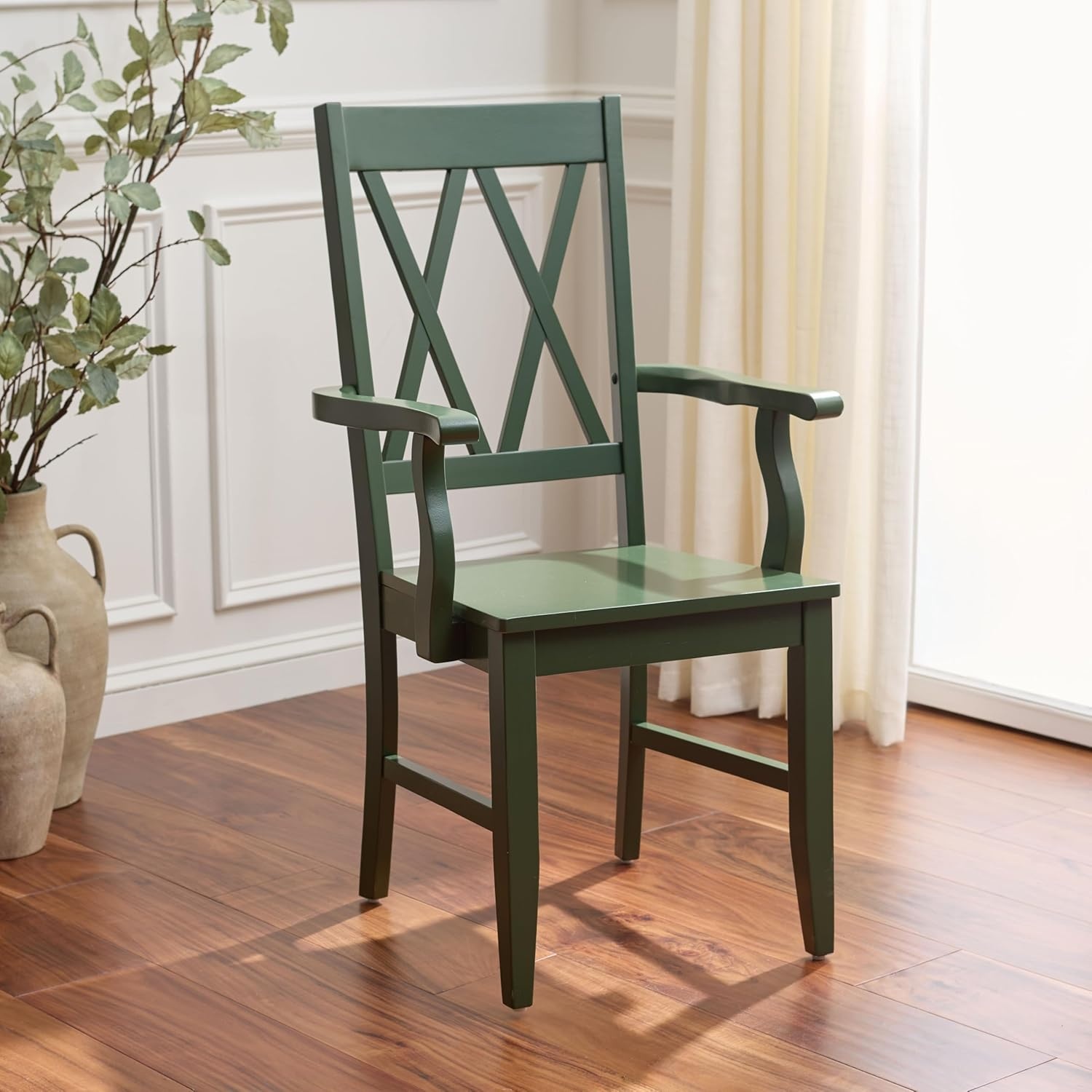 image:imageSAFAVIEH Home Collection Yana Double XBack Dining Arm Chair Solid Wood Light Oak Finish Classic Farmhouse Style DCH6901BDark Green