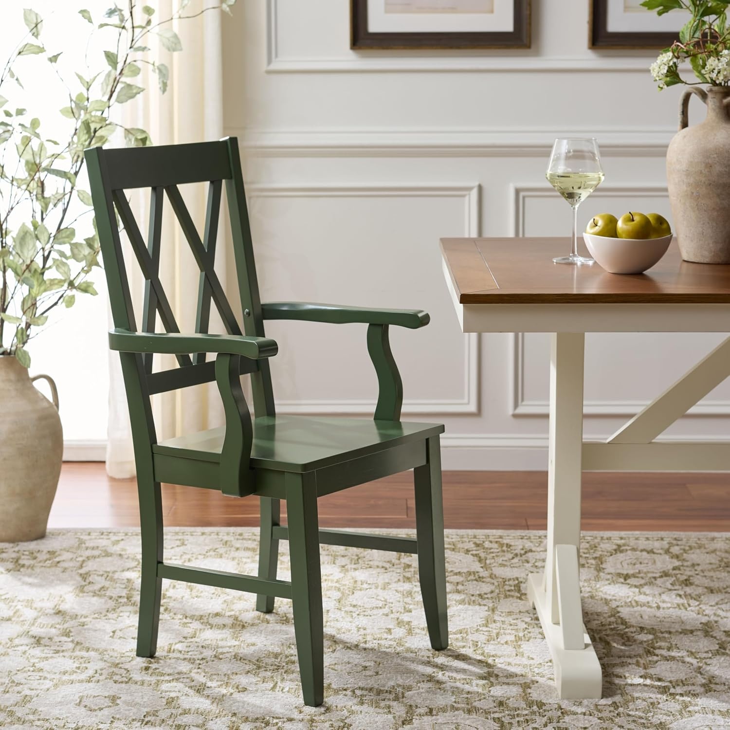 image:imageSAFAVIEH Home Collection Yana Double XBack Dining Arm Chair Solid Wood Light Oak Finish Classic Farmhouse Style DCH6901BDark Green