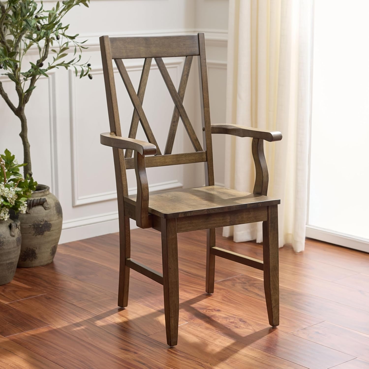 image:imageSAFAVIEH Home Collection Yana Double XBack Dining Arm Chair Solid Wood Light Oak Finish Classic Farmhouse Style DCH6901BDark Oak