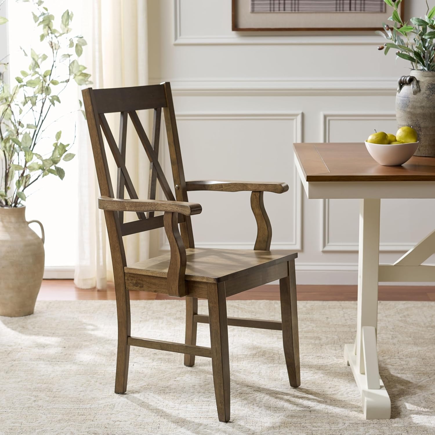 image:imageSAFAVIEH Home Collection Yana Double XBack Dining Arm Chair Solid Wood Light Oak Finish Classic Farmhouse Style DCH6901BDark Oak