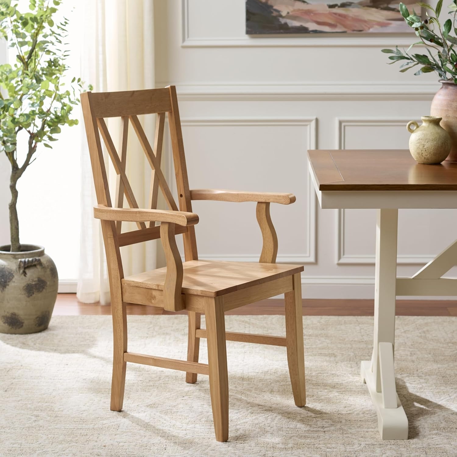 image:imageSAFAVIEH Home Collection Yana Double XBack Dining Arm Chair Solid Wood Light Oak Finish Classic Farmhouse Style DCH6901BLight Oak