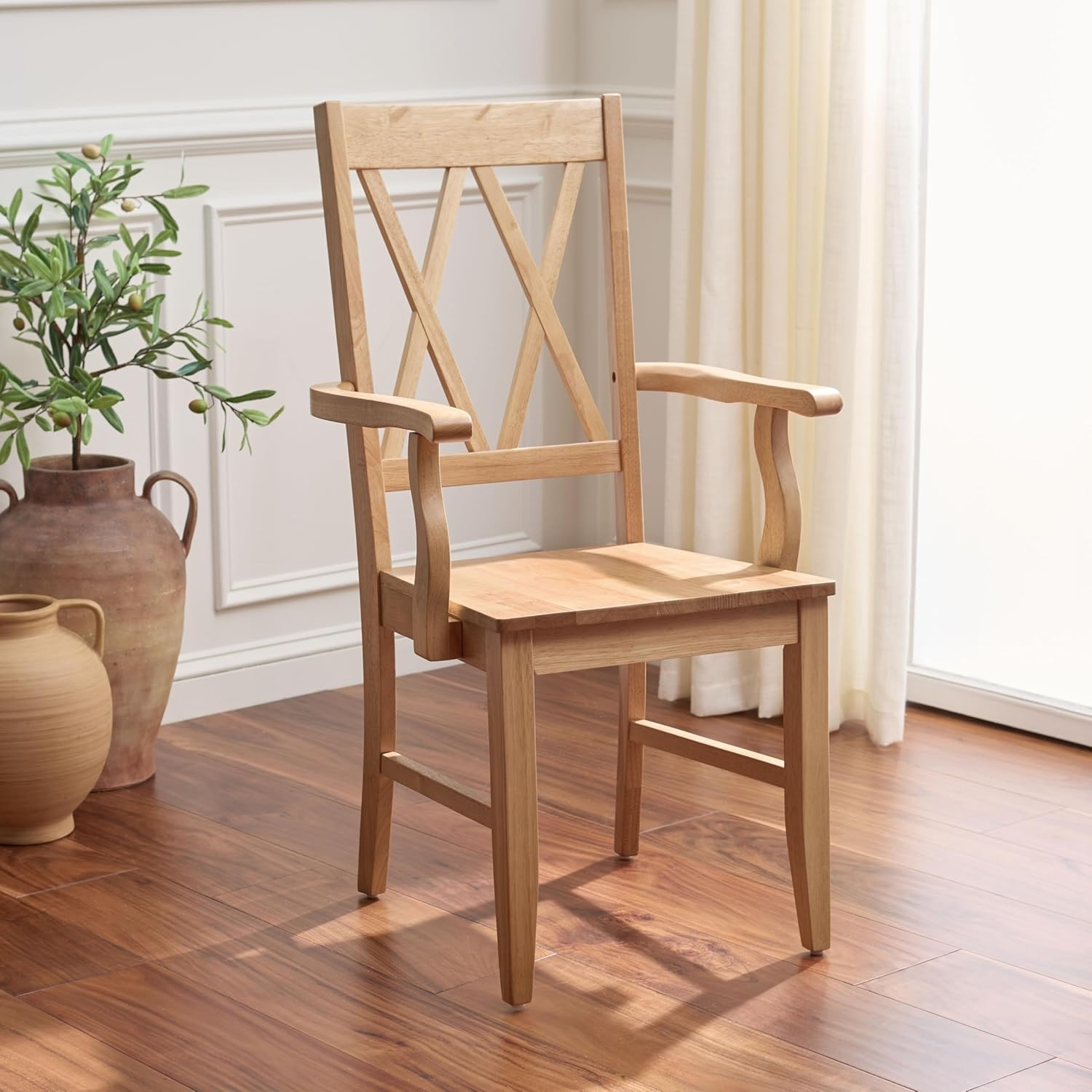 image:imageSAFAVIEH Home Collection Yana Double XBack Dining Arm Chair Solid Wood Light Oak Finish Classic Farmhouse Style DCH6901BLight Oak