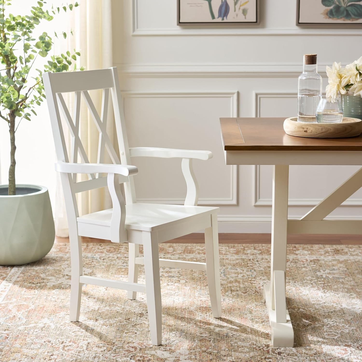 image:imageSAFAVIEH Home Collection Yana Double XBack Dining Arm Chair Solid Wood Light Oak Finish Classic Farmhouse Style DCH6901BWhite