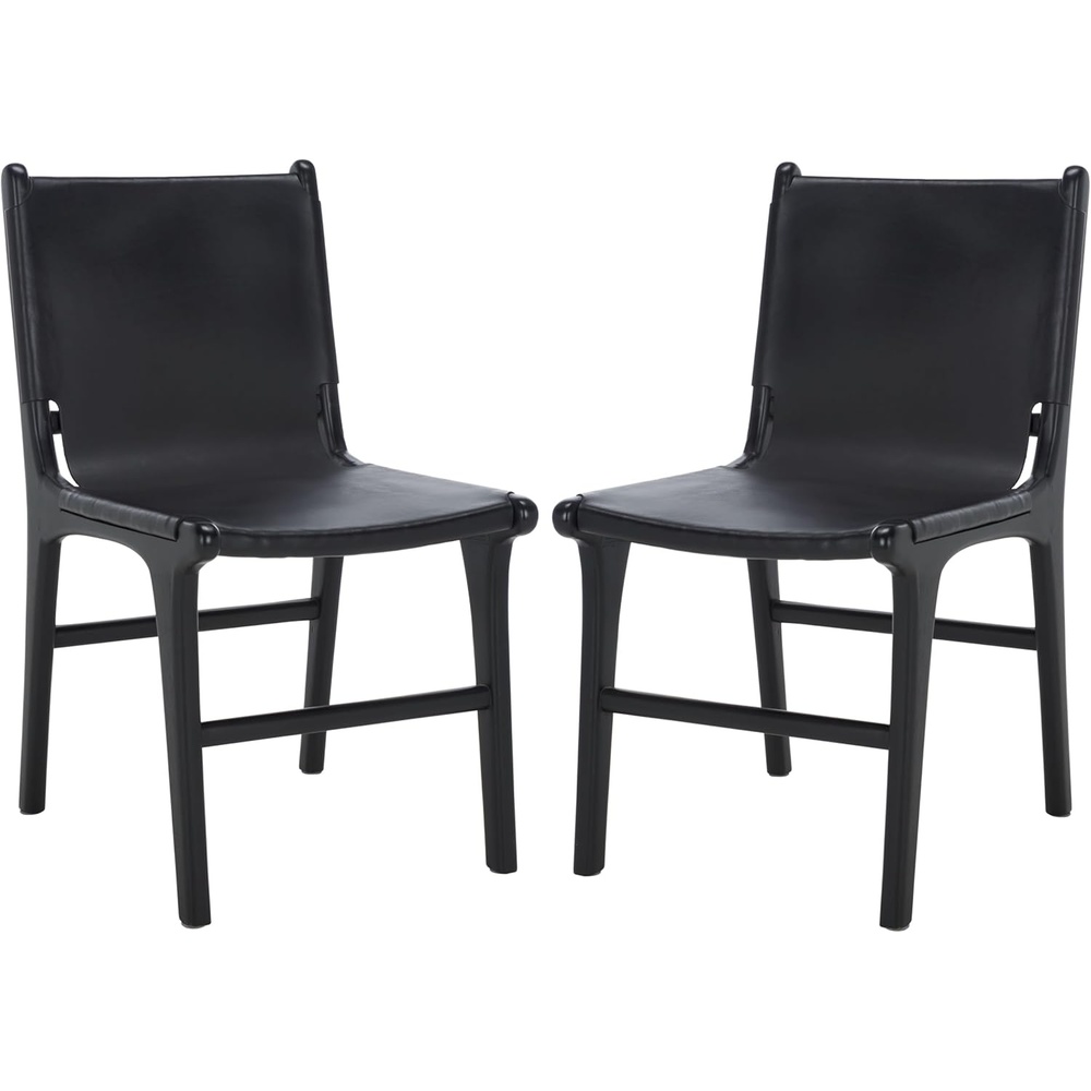image:imageSAFAVIEH Couture Collection  Cassaphina Black Leather Dining Chair Set of 2 Top Grain Upholstered Accent Chairs with Solid Teak Wood Frame Fully Assembled SFV1610ASET2BlackBlack