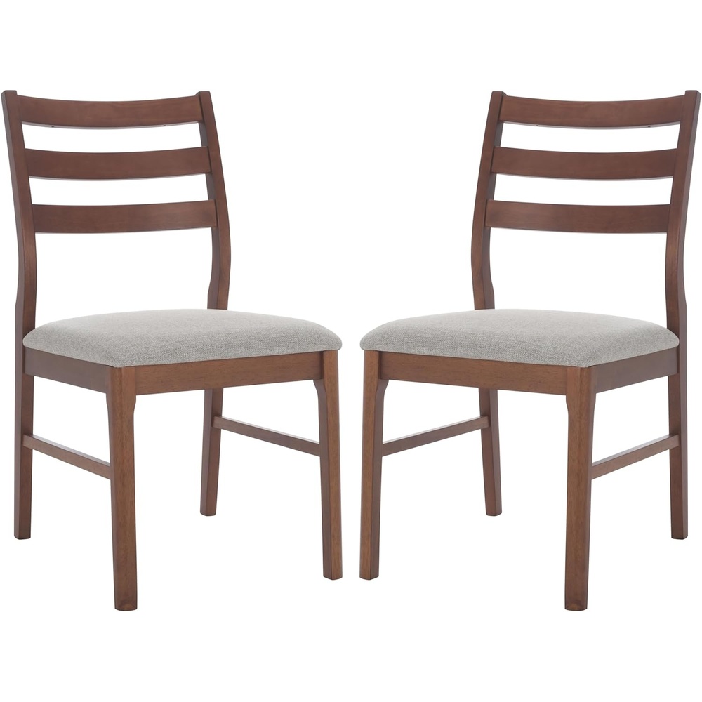 image:imageSAFAVIEH Couture Collection  Leroux Walnut amp Beige Ladder Back Dining Chair Set of 2 Upholstered Linen Seat Modern Farmhouse Style SFV6704ASET2WalnutLight Grey