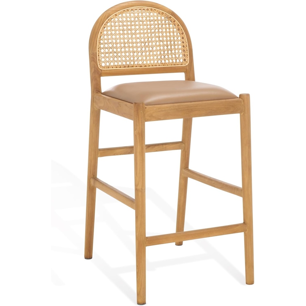 image:imageSAFAVIEH Couture Collection Laylie BrownNatural Leather Solid Wood Rattan 26inch Seat Height Kitchen Island Breakfast Nook Counter Stool Fully AssembledBrownNatural