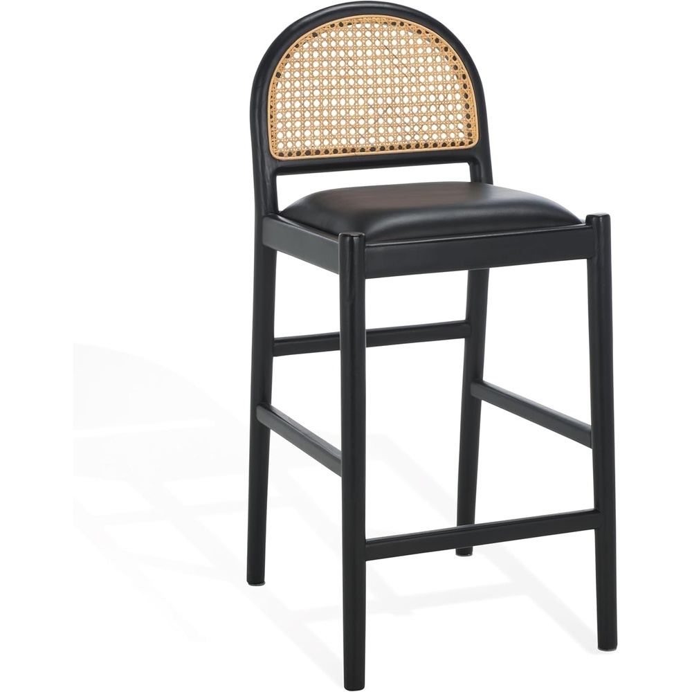 image:imageSAFAVIEH Couture Collection Laylie BrownNatural Leather Solid Wood Rattan 26inch Seat Height Kitchen Island Breakfast Nook Counter Stool Fully AssembledBlack