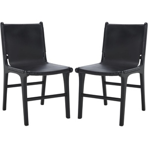 SAFAVIEH Couture Collection – Cassaphina Black Leather Dining Chair Set of 2, Top Grain Upholstered Accent Chairs with Solid Teak Wood Frame, Fully Assembled (SFV1610A-SET2)(Black/Black)