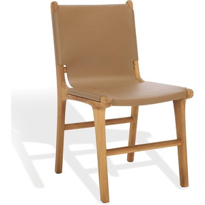 SAFAVIEH Couture Collection – Cassaphina Black Leather Dining Chair Set of 2, Top Grain Upholstered Accent Chairs with Solid Teak Wood Frame, Fully Assembled (SFV1610A-SET2)(Brown/Natural)