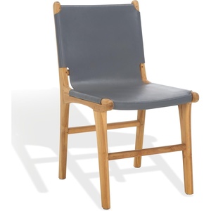 SAFAVIEH Couture Collection – Cassaphina Black Leather Dining Chair Set of 2, Top Grain Upholstered Accent Chairs with Solid Teak Wood Frame, Fully Assembled (SFV1610A-SET2)(Grey/Natural)