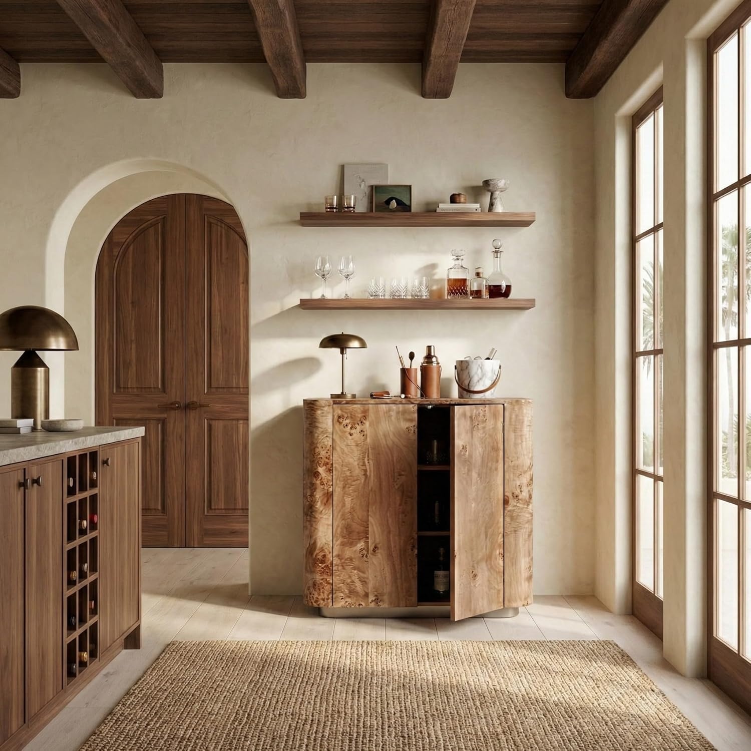 image:imageSAFAVIEH Couture Collection Celestanno Natural Burl Veneer Bar Cabinet Fully Assembled Storage Cabinet with Metal Base SFV5788ABurlSilver