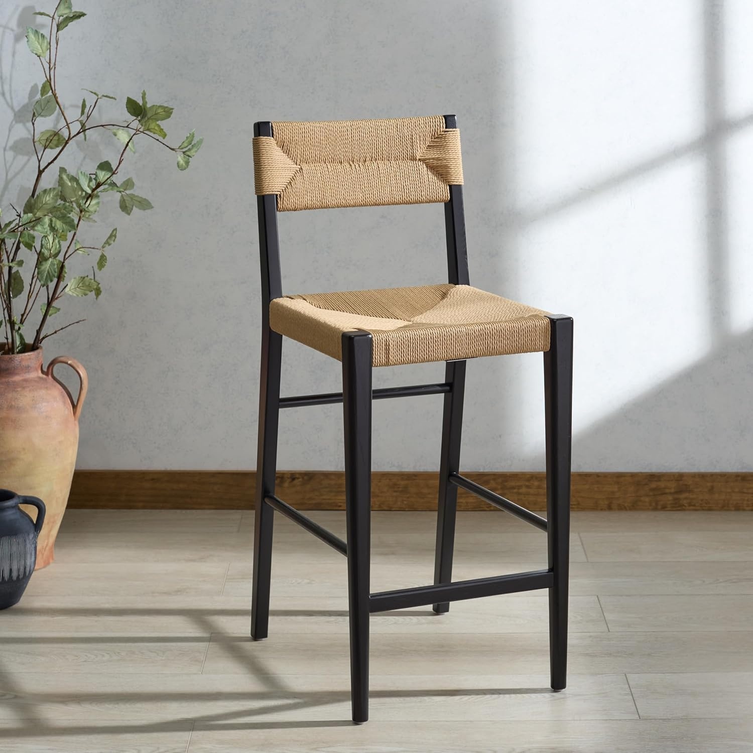 image:imageSAFAVIEH Couture Collection Cody 26Inch Counter Stool Black Frame with Natural Paper Cord Seat RattanInspired Design Fully Assembled SFV4228ABlackNatural