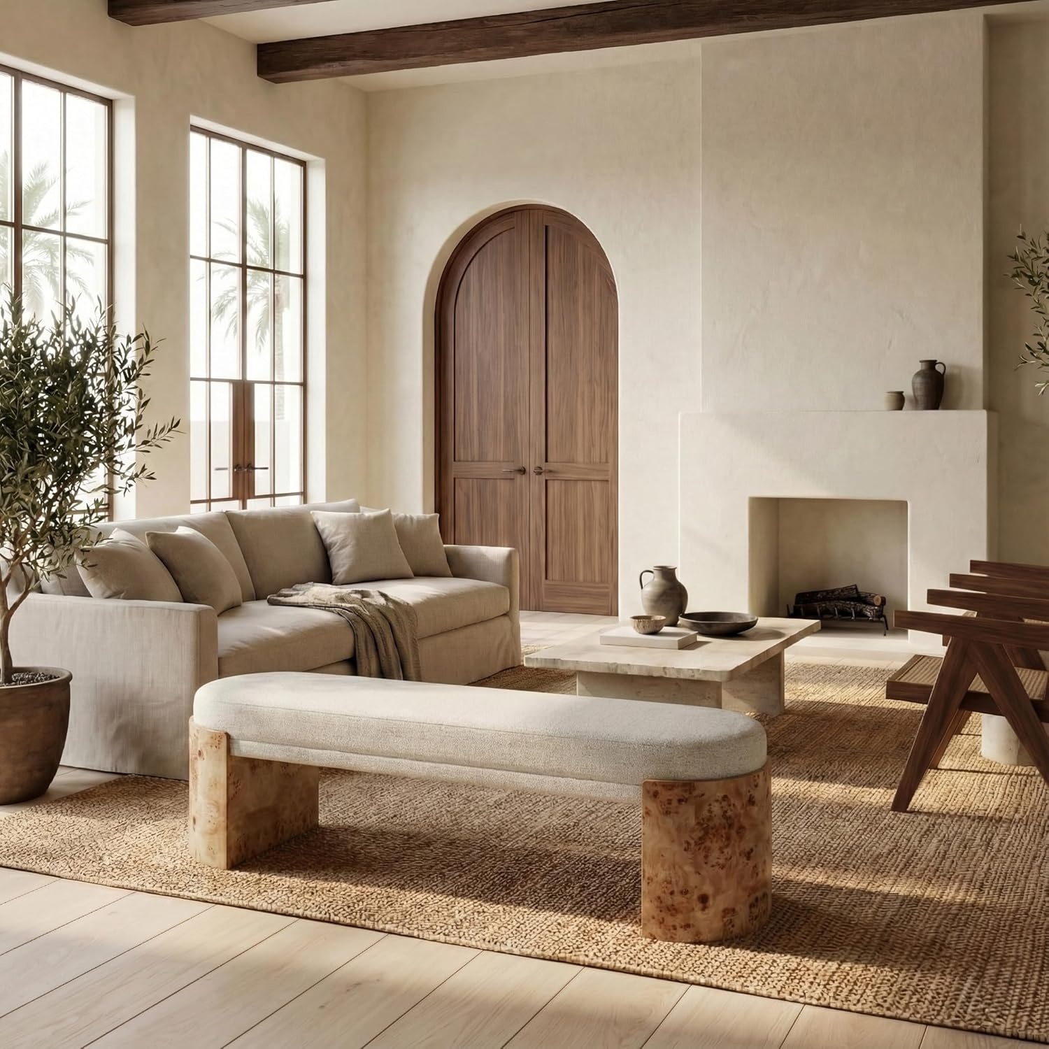image:imageSAFAVIEH Couture Collection Nessabella Bench with White Upholstered Seat and Sculptural Burl Wood Legs SFV5150ABurlWhite