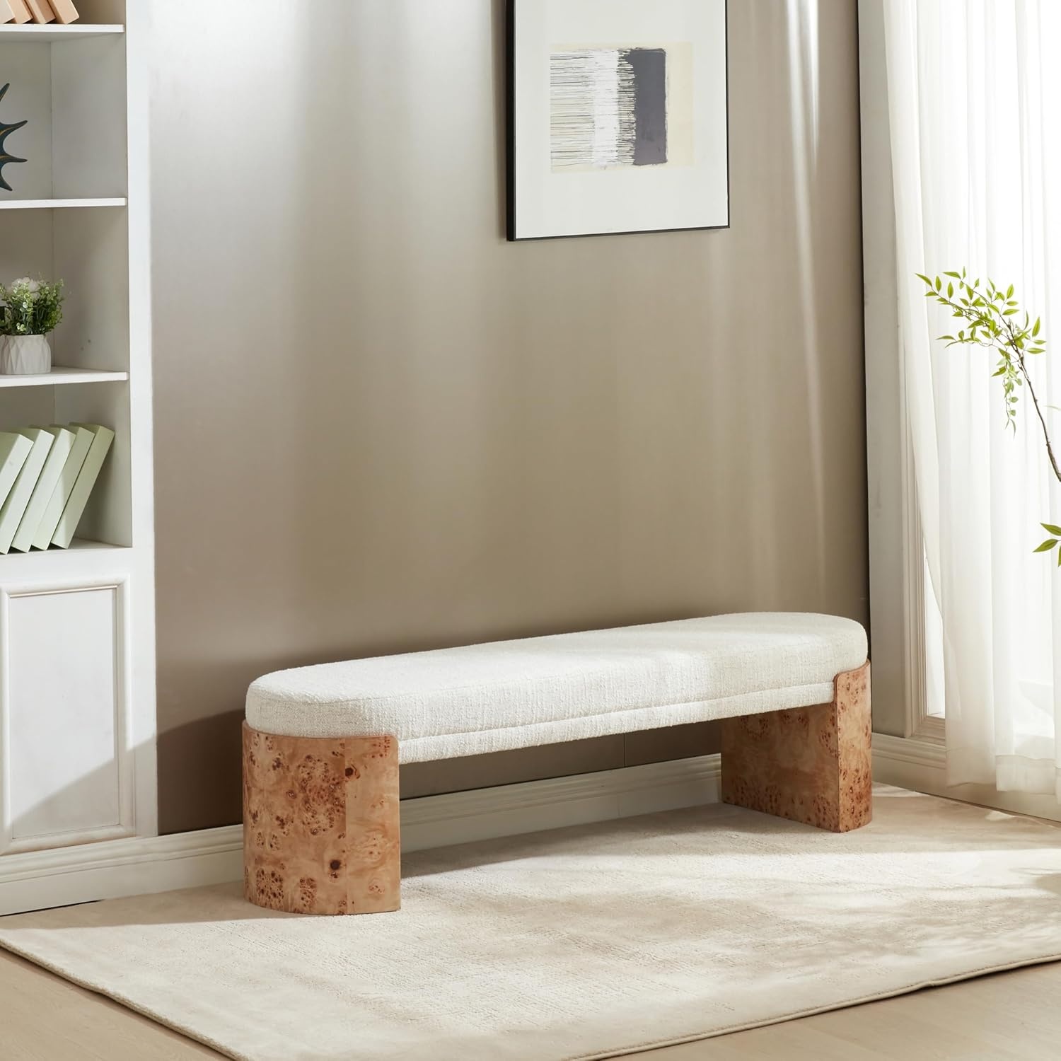 image:imageSAFAVIEH Couture Collection Nessabella Bench with White Upholstered Seat and Sculptural Burl Wood Legs SFV5150ABurlWhite