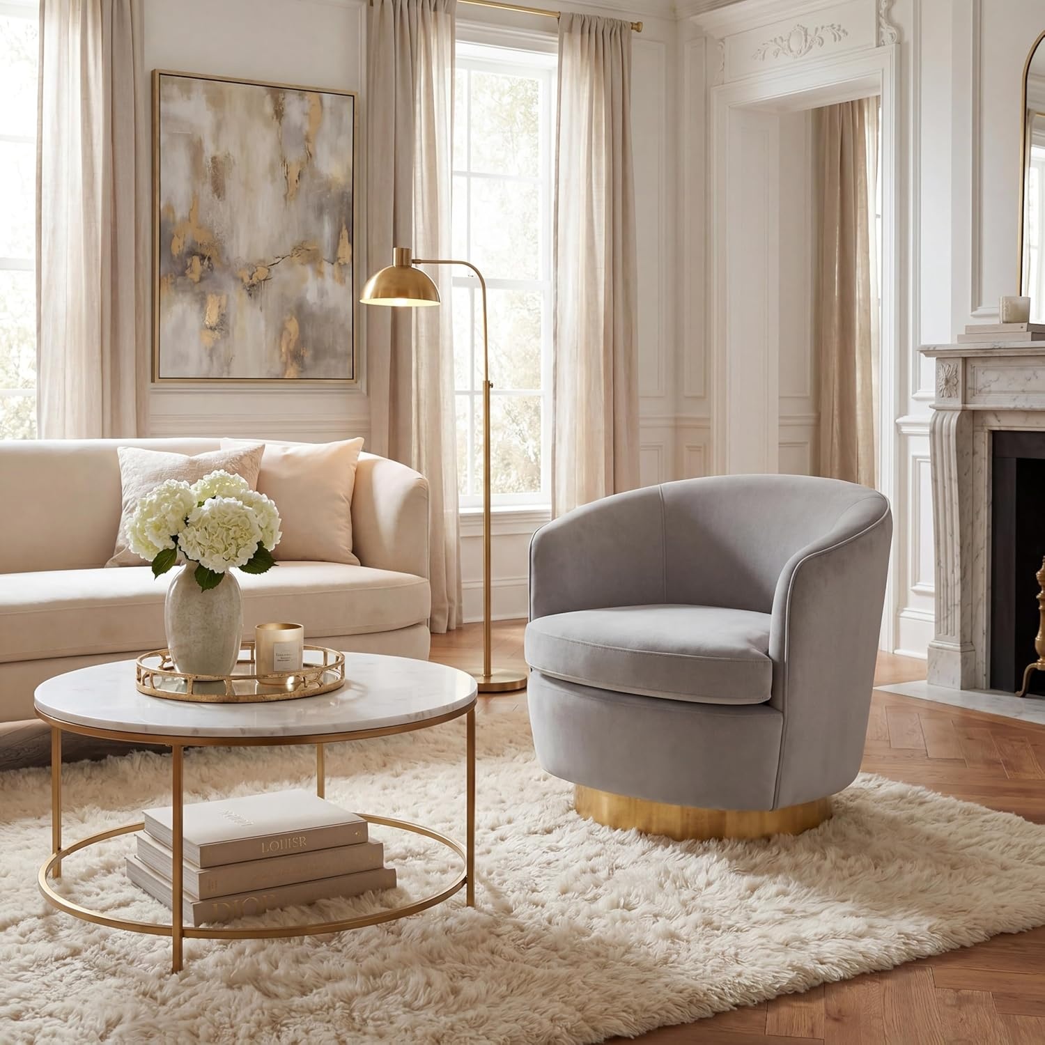 image:imageSAFAVIEH Couture Collection Annalee Light Grey VelvetGold Swivel Accent Chair Fully Assembled