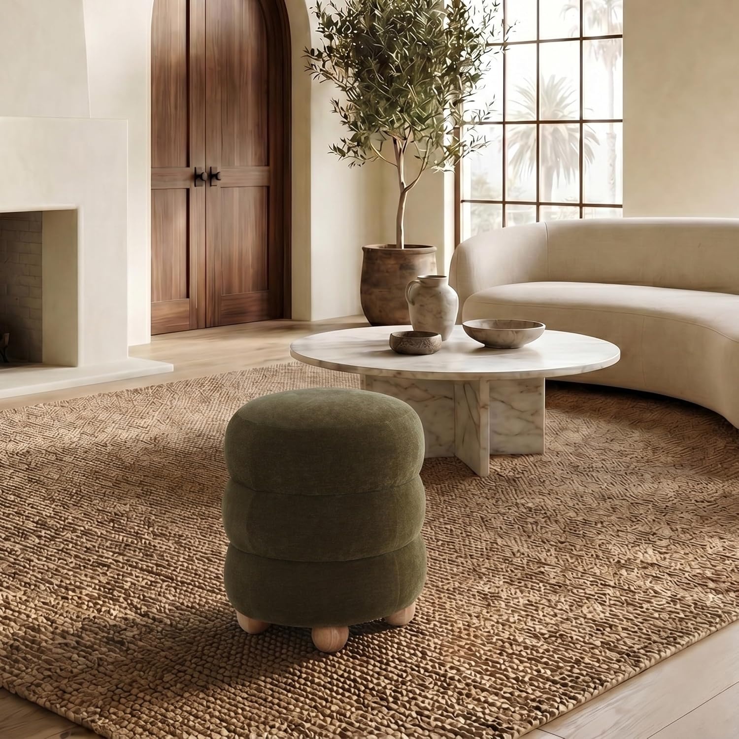 image:imageSAFAVIEH Couture Collection Cecelia Dark Olive Green VelvetNatural Round Ottoman Foot Stool