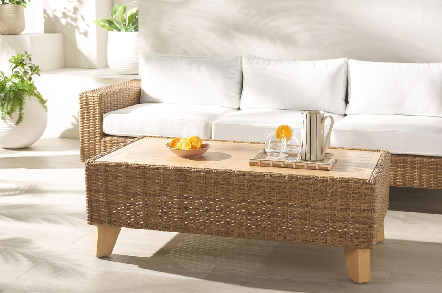 image:imageSAFAVIEH Couture Collection Margarita Natural Brown Faux Wicker Rectangle IndoorOutdoor Coffee Table Fully AssembledNatural