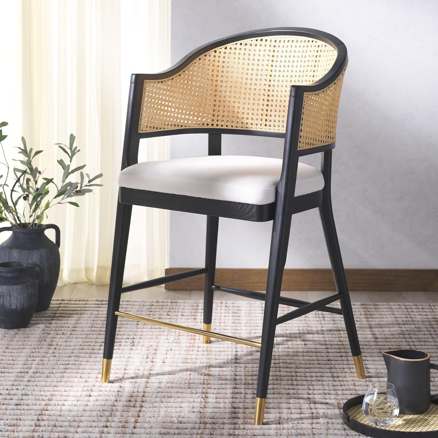 image:imageSAFAVIEH Couture Collection Rogue BlackNatural Rattan 27inch Seat Height Bar Stool Fully AssembledBlackNatural