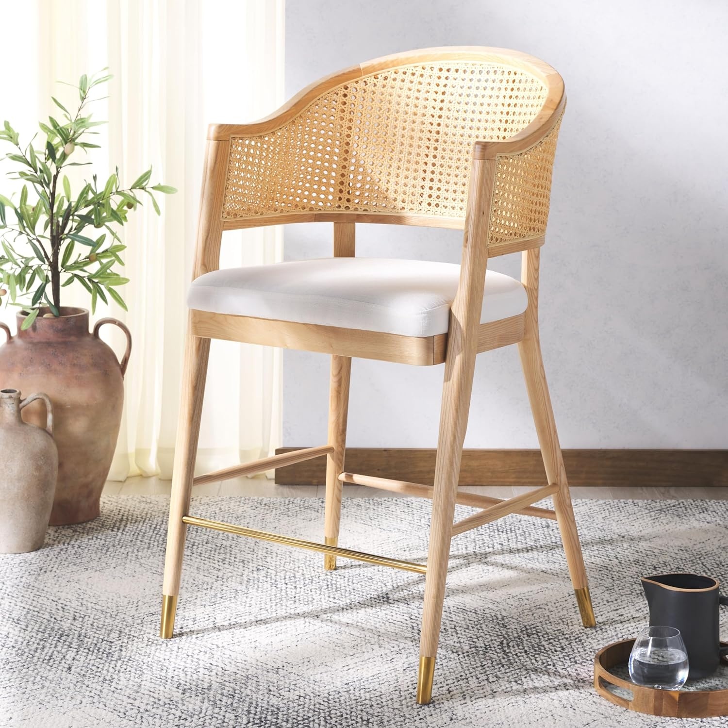 image:imageSAFAVIEH Couture Collection Rogue BlackNatural Rattan 27inch Seat Height Bar Stool Fully AssembledNatural