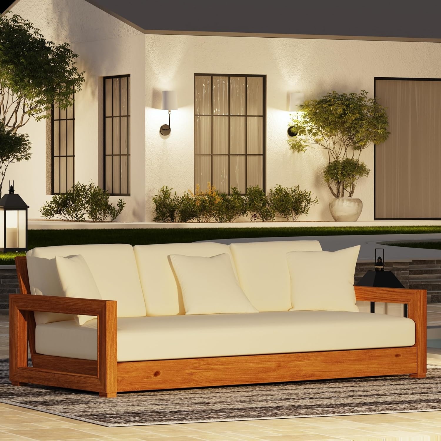 image:imageSAFAVIEH Couture Montford Brazilian Teak IndoorOutdoor SofaNatural TeakBeige